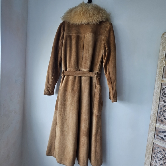 Vintage Genuine Suede Leather Tan Belted Pleated Pockets Pennylane Coat - Picture 7 of 16